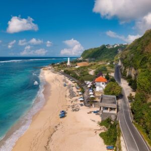 Beach Scenery - Aerial view of a Bali beach with a lighthouse an #36299199