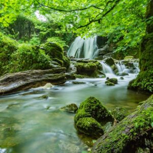 Beach Scenery - A tranquil waterfall flowing through a serene, m #460621
